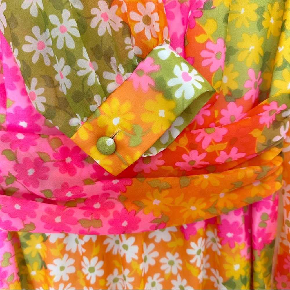 Vintage Colorful Floral Long Sleeve Maxi Dress Pink, Orange, Green - Picture 4 of 8